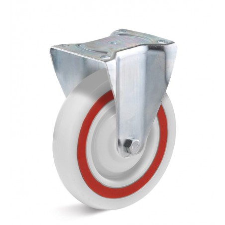 Bockrollerolle mit Polypropylenrad mit rotem thermoplastischem Gummidämpfungsring  100 mm weiss Kugellager Fadenschutz