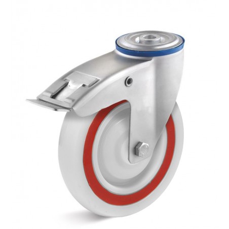 Bremsrolle mit Polypropylenrad mit rotem thermoplastischem Gummidämpfungsring  125 mm weiss Kugellager Fadenschutz Rückenloch  1