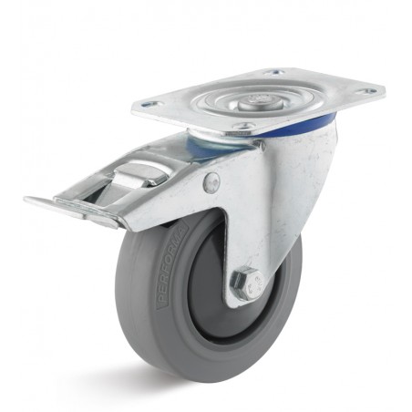Bremsrolle mit Elastik-Gummirad  100 mm grau Kunststofffelge Kugellager Performa grosse Platte