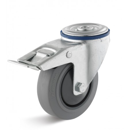 Bremsrolle mit Elastik-Gummirad  80 mm grau spurlosKunststofffelge Kugellager Performa Rückenloch  10 mmRollt leicht über Schwel