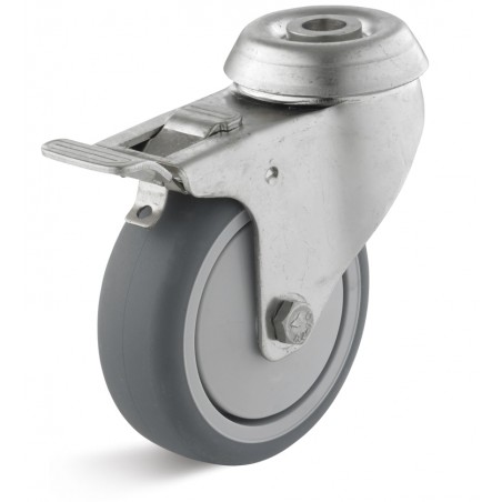 Edelstahl-Bremsrolle mit thermoplastischem Gummirad  50 mm grau Kunststofffelge Kugellager Rückenloch 10 mm