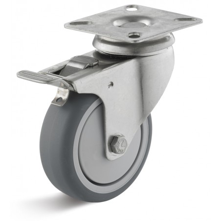 Edelstahl-Bremsrolle mit thermoplastischem Gummirad  50 mm grau Kunststofffelge Kugellager