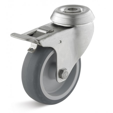 Edelstahl-Bremsrolle mit thermoplastischem Gummirad  75 mm grau Kunststofffelge Gleitlager Rückenloch 10 mm