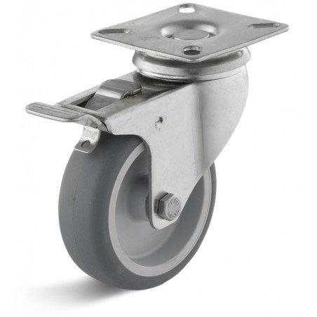 Edelstahl-Bremsrolle mit thermoplastischem Gummirad  50 mm grau Kunststofffelge Gleitlager