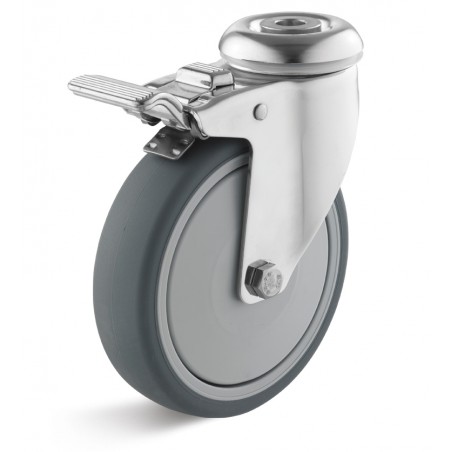 Edelstahl-Bremsrolle mit thermoplastischem Gummirad  75 mm grau Kunststofffelge Kugellager Rückenloch 12 mm