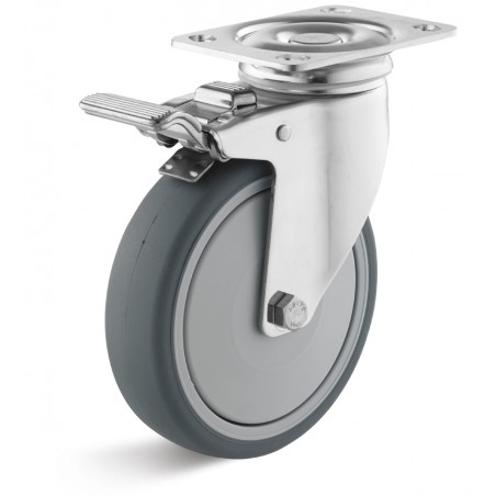 Edelstahl-Bremsrolle mit thermoplastischem Gummirad  75 mm grau Kunststofffelge Kugellager