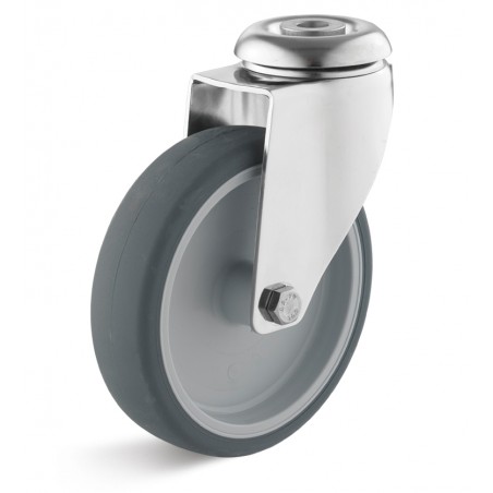 Edelstahl-Lenkrolle mit thermoplastischem Gummirad  100 mm grau Kunststofffelge Gleitlager Rückenloch 10 mm