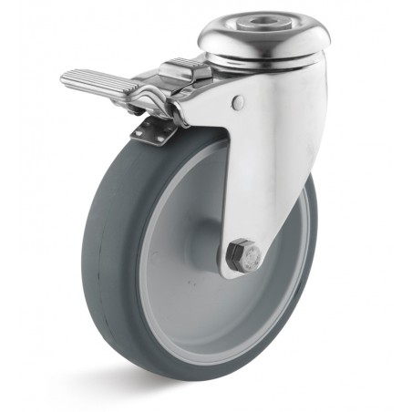 Edelstahl-Bremsrolle mit thermoplastischem Gummirad  100 mm grau Kunststofffelge Gleitlager Rückenloch 10 mm
