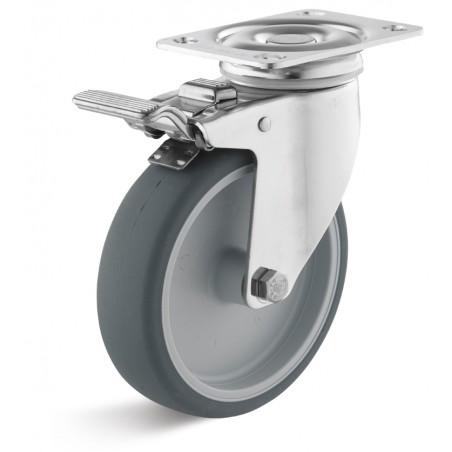 Edelstahl-Bremsrolle mit thermoplastischem Gummirad  100 mm grau Kunststofffelge Gleitlager