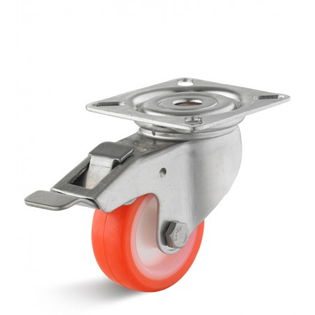 Edelstahl-Bremsrolle mit Polyurethanrad  50 mm orange Gleitlager