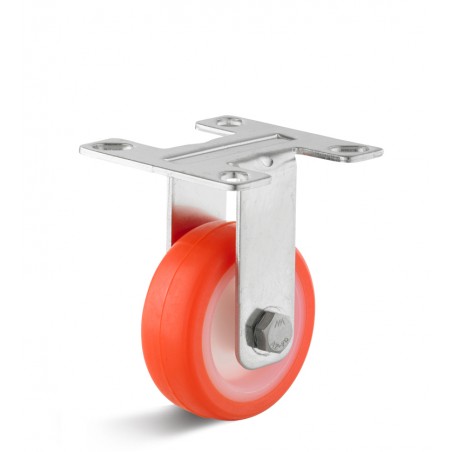 Edelstahl-Bockrolle mit Polyurethanrad  50 mm orange Gleitlager