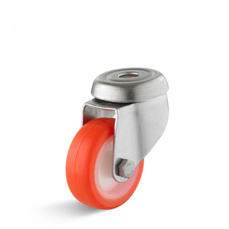 Edelstahl-Lenkrolle mit Polyurethanrrad  50 mm orange Gleitlager Rückenloch 10 mm