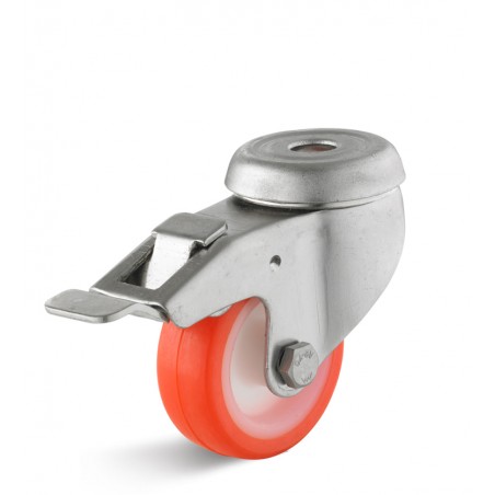 Edelstahl-Bremsrolle mit Polyurethanrrad  50 mm orange Gleitlager Rückenloch 10 mm