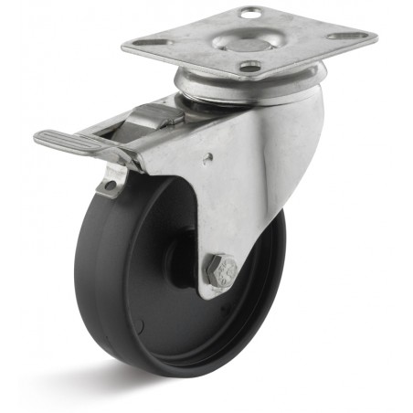 Edelstahl-Bremsrolle mit Polyamidrad  100 mm schwarz Gleitlager