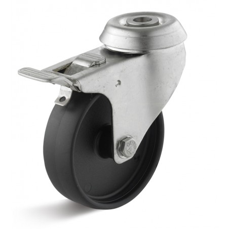 Edelstahl-Bremsrolle mit Polyamidrad  50 mm schwarz Gleitlager Rückenloch 10 mm