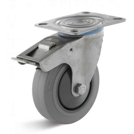 Edelstahl-Bremsrolle mit Elastik-Gummirad  80 mm grau Kunststofffelge Edelstahl-Kugellager