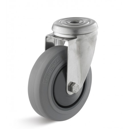 Edelstahl-Lenkrolle mit Elastik-Gummirad  80 mm grau Kunststofffelge Edelstahl-Kugellager Rückenloch  10 mm
