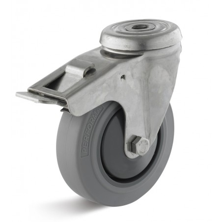 Edelstahl-Bremsrolle mit Elastik-Gummirad  80 mm grau Kunststofffelge Edelstahl-Kugellager Rückenloch  10 mm