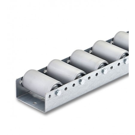 Breite Paletten-Rollschiene mit Stahlrollen mit PVC-Schlauch Kugellager Teilung 200 mm Länge 1.000 mm