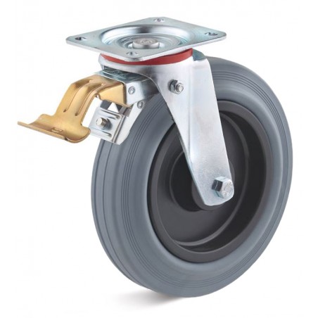 Bremsrolle mit thermoplastischem Gummirad  250 mm grau Kunststofffelge Rollenlager