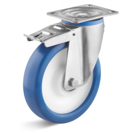Edelstahl-Bremsrolle mit Polyurethanrad  160 mm blau Kunststofffelge Edelstahl-Kugellager