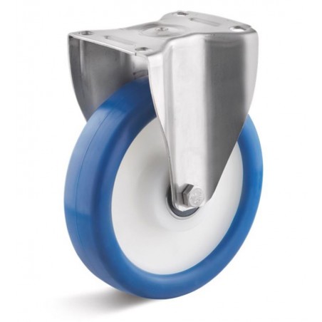 Edelstahl-Bockrolle mit Polyurethanrad  160 mm blau Kunststofffelge Edelstahl-Kugellager