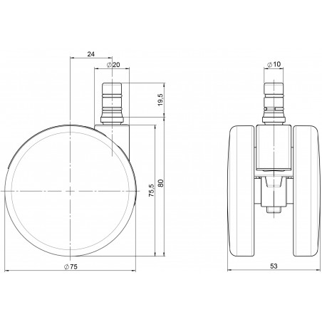 Doppelrolle  75 Gehäuse ZinkdruckgussLaufbandage aus Polyamid Bolzen mit Klemmring 10x22 mm