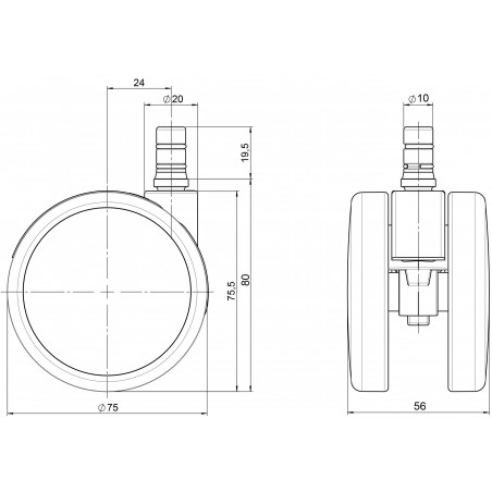 Doppelrolle  75 Gehäuse ZinkdruckgussLaufbandage aus Polyurethan Bolzen mit Klemmring S10x22mm