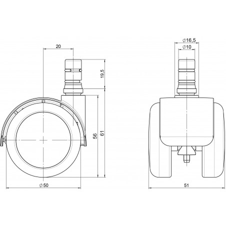 Doppelrolle  50 lastabhängig gebremst Gehäuse ZinkdruckgussLaufbandage aus Polyurethan Bolzen mit Klemmring 10x22 mm