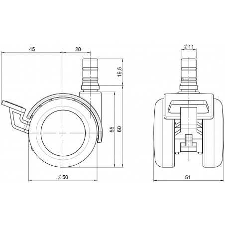 Doppelrolle  50 mit Bremse Gehäuse ZinkdruckgussLaufbandage aus Polyurethan für empfindliche Böden