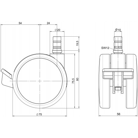 Doppelrolle  75 mit Bremse Gehäuse ZinkdruckgussLaufbandage aus Polyurethan für empfindliche Böden