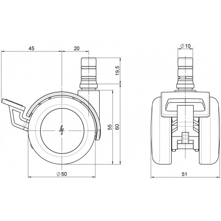 Doppelrolle  50 mit Bremse Gehäuse Zinkdruckguss elektrisch leitfähigLaufbandage aus Polyurethan für empfindliche Böden