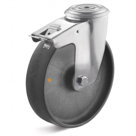 Edelstahl-Bremsrolle mit Poylamidrad  80 mm grau Gleitlager elektrisch leitfähig Rückenloch 10 mm