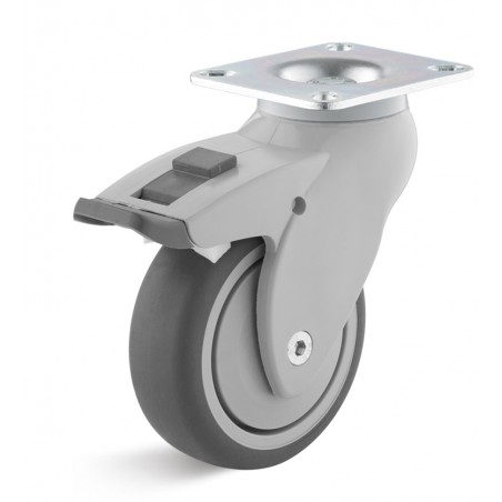 Kunststoff-Bremsrolle mit thermoplastischem Gummirad  75 mm grau Kunststofffelge Kugellager Platte 60x60 mm