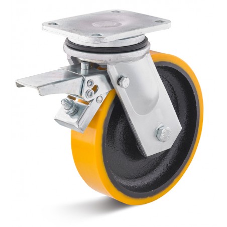 Bremsrolle mit Polyurethanrad  200x50 mm orange Spezial-Graugussfelge Kugellager