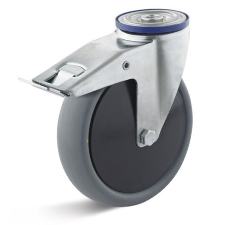 Bremsrolle mit thermoplastischem Gummirad  80 mm grau Kunststofffelge Kugellager elektrisch leitfähig Rückenloch 12 mm
