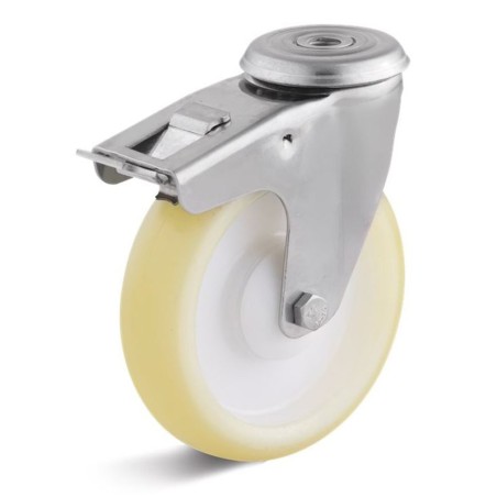 Edelstahl-Bremsrolle mit Elastik-Polyurethanrad  80 mm honigfarben Kunststofffelge Edelstahl-Kugellager Rückenloch  10 mm