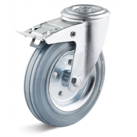 Bremsrolle mit Vollgummirad  100 mm grau Stahlblechfelge Rollenlager Rückenloch  10 mm