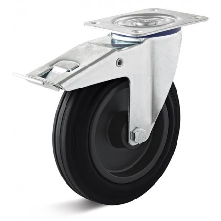 Bremsrolle mit thermoplastischem Gummirad  100 mm schwarz Kunststofffelge Rollenlager grosse Platte