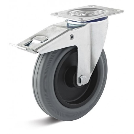 Bremsrolle mit thermoplastischem Gummirad  100 mm grau Kunststofffelge Rollenlager grosse Platte
