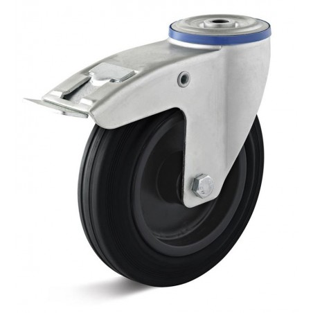 Bremsrolle mit thermoplastischem Gummirad  80 mm schwarz Kunststofffelge Rollenlager Rückenloch  10 mm