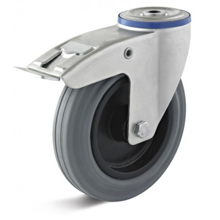 Bremsrolle mit thermoplastischem Gummirad  80 mm grau Kunststofffelge Rollenlager Rückenloch  10 mm