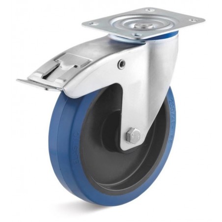 Bremsrolle mit Elastik-Gummirad  125 mm blau Kunststofffelge Rollenlager grosse PlatteRollt leicht über Schwellen und Unebenheit