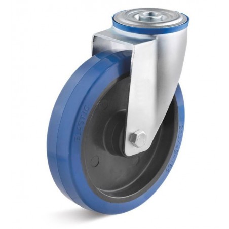 Lenkrolle mit Elastik-Gummirad  125 mm blau spurlosKunststofffelge Rollenlager Rückenloch  10 mmRollt leicht über Schwellen und 