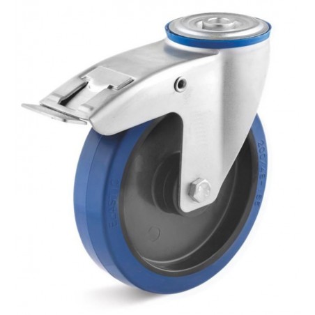 Bremsrolle mit Elastik-Gummirad  80 mm blau spurlosKunststofffelge Rollenlager Rückenloch  12 mmRollt leicht über Schwellen und 