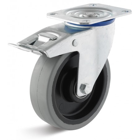Bremsrolle mit Elastik-Gummirad  100 mm grau spurlosKunststofffelge Kugellager grosse PlatteRollt leicht über Schwellen und Uneb