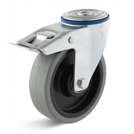 Bremsrolle mit Elastik-Gummirad  100 mm grau Kunststofffelge Kugellager Rückenloch  12 mm