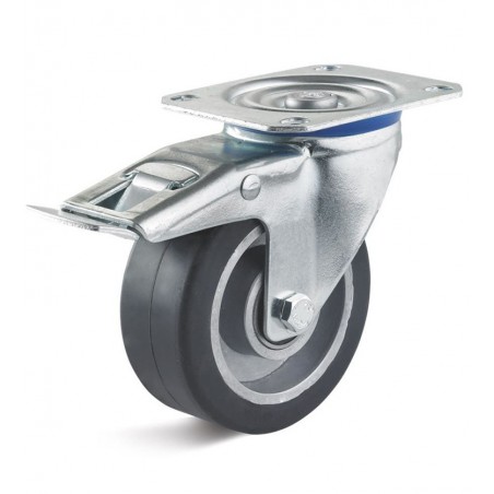 Bremsrolle mit Elastik-Gummirad  80 mm schwarz Aluminium-Druckgussfelge KugellagerRollt leicht über Schwellen und Unebenheiten