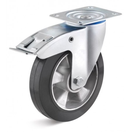 Bremsrolle mit Elastik-Gummirad  125 mm schwarz Aluminium-Druckgussfelge Kugellager grosse PlatteRollt leicht über Schwellen und
