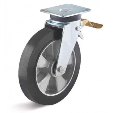 Bremsrolle mit Elastik-Gummirad  250 mm schwarz Aluminium-Druckgussfelge KugellagerRollt leicht über Schwellen und Unebenheiten